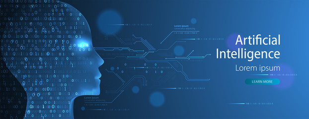 Artificial intelligence (AI) and big data concept. Machine cyber mind.  Humen face with binary data flow. Technology vector background.