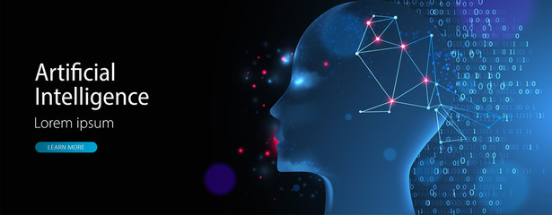 Artificial intelligence (AI) and big data concept. Machine cyber mind.  Humen face with binary data flow. Technology vector background.
