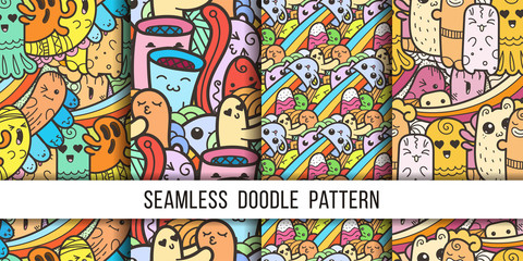  Collection of funny doodle monsters seamless pattern for prints, designs and coloring books