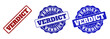VERDICT scratched stamp seals in red and blue colors. Vector VERDICT labels with grunge effect. Graphic elements are rounded rectangles, rosettes, circles and text labels.