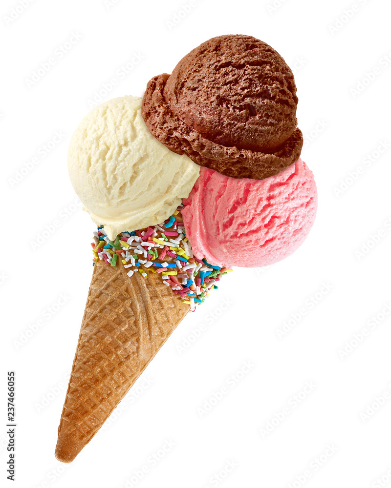 Strawberry, vanilla and chocolate Ice cream scoops with sprinkles in cone  isolated on white background Stock Photo | Adobe Stock, image size:800x1000