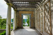 Yonkers, New York, USA: A doorway in the loggia of the Walled Garden leads to the Vista and a view of the Hudson River at Untermyer Park and Gardens.