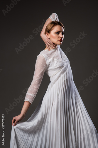 Sexy Woman In Lace White Dress Beautiful Girl With Blonde Hair