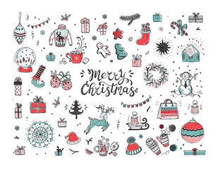 Merry Christmas. Holiday Vector Big Set of Hand Drawn Doodle Christmas characters and decorations with hand lettering calligraphic. Xmas greeting Card Template. Happy Winter Holidays poster. New year