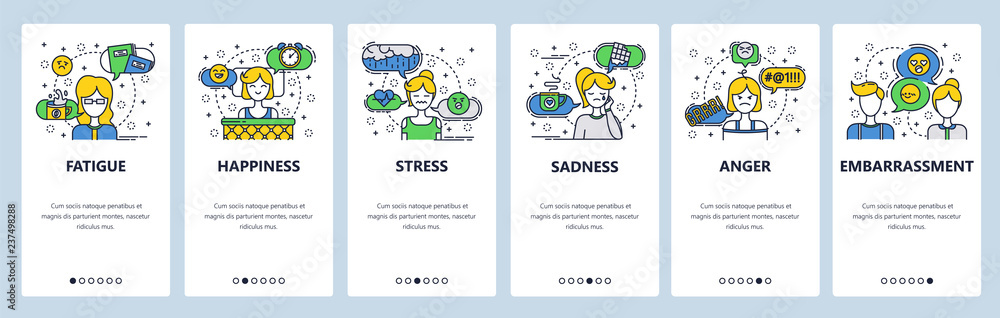 Web site onboarding screens. Human feelings and emotions. Menu vector banner template for website and mobile app development. Modern design linear art flat illustration. - obrazy, fototapety, plakaty 