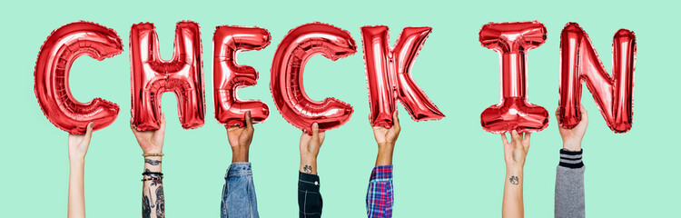 Canvas Print - Hands showing check-in balloons word