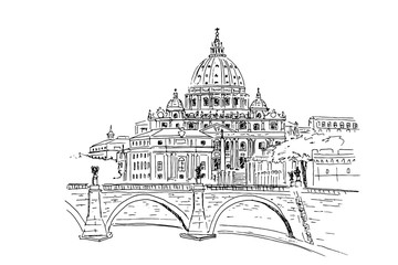 Sticker - Vector sketch of St. Peter's Basilica in Rome, Italy