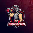 spartan mascot logo design vector with modern illustration concept style for badge, emblem and tshirt printing. spartan illustration with shield and barbell.