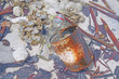 Pollution : Beach / Sea pollution. Glass bottle and Food cans in ocean. Selective focus with copy space.
