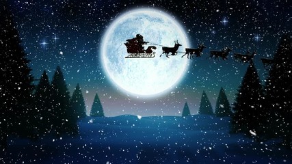 Wall Mural - Video composition with falling snow over  animation of  santa in sleigh  at winter scenery with full