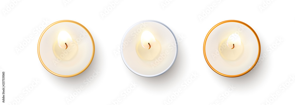Set of top view burning candles isolated on white background. - obrazy, fototapety, plakaty 