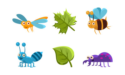 Sticker - Flat vector set of funny insects and green leaves. Dragonfly, wasp, bee and spider with funny faces. Cute bugs