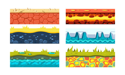 Wall Mural - Flat vector set of 6 platforms for mobile game. Blocks with dry soil, lava, green grass, ice and water. Gaming assets.