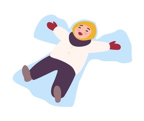 Wall Mural - Laughing child lying on ground and making snow angel