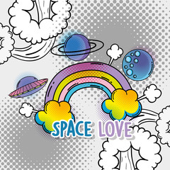 Sticker - rainbow with clouds and planets with moon patch