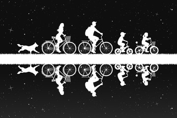 Poster - Family on bikes in park at night. Active rest of parents with children. Vector illustration with silhouettes of cyclists and running dog under starry sky. Inverted black and white