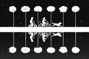 Poster - Children on bicycles and running dog in park at night. Vector illustration with silhouettes of boy and girl on bikes. Landscape with maples under starry sky. Inverted black and white