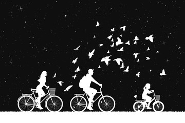 Sticker - family on bikes in park at night. vector illustration with silhouettes of cyclists and flying pigeon