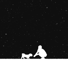 Sticker - Girl with dog in park at night. Vector illustration with silhouettes of woman and pet under starry sky. Inverted black and white