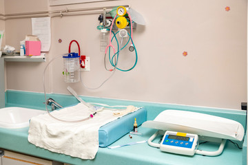 place for resuscitation and examination of a newborn baby in the hospital childbirth.