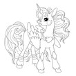 Cute cartoon character for coloring book. Pony unicorn doodle. Element for children's creativity. Fairy-tale unicorn vector on white background isolated.