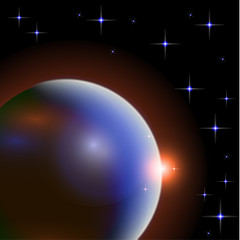 Wall Mural - Abstract universe with planets and bright stars. Effects of halo light on a dark background, flashes of light. Vector space illustration.