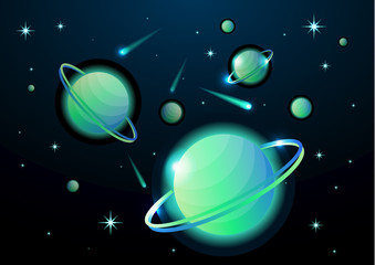 Wall Mural - Fantastic space background with planets with ring, stars and comets. Astronomy and space, celestial objects, astrology and the universe, the space of galaxies and cosmic lights. Vector illustration.