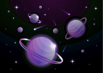 Wall Mural - Fantastic space background with planets with ring, stars and comets. Astronomy and space, celestial objects, astrology and the universe, the space of galaxies and cosmic lights. Vector illustration.