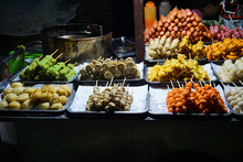 Vietnamese Street Food Fried Fish Ball Meat Ball Shrimp Ball Seafood Snack Stall At Night Market