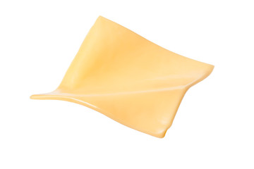 Yellow cheese slices isolated on white background.