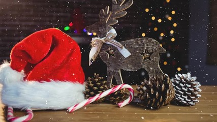 Poster - Falling snow with Christmas decorations and Santa hat