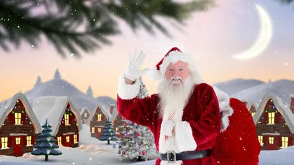 Wall Mural - Santa clause in front of decorated houses in winter scenery combined with falling snow