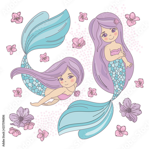 Fényképezés PURPLE MERMAID Sea Underwater Vector Illustration Set for Textile, Fabric, Print