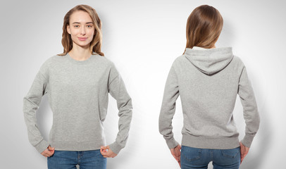 Wall Mural - young girl in gray sweatshirt front and rear, gray hoodies, blank isolated on white background