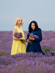 Two young girls with different hair color in blue and yellow dresses, posing together in a lavender field.