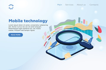Wall Mural - isometric illustrations design concept mobile technology solution on top with search engine. gradien