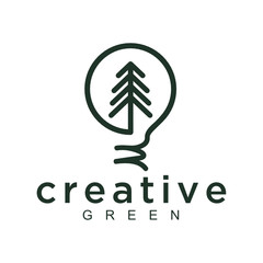 Fototapete - Line Art Evergreen / Pine tree and bulb Logo design inspiration