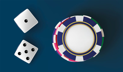 Casino background dice and chips. Top view of dice and chips on blue background. Online casino table concept with place for text on the chip