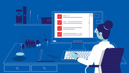 Science and technology concept.There are chemistry equipment, microscope and computer on the table.Vector illustration