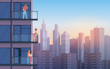 Apartment Balcony In Modern House With Resting People In Sunset. Urban Sityscape Skyscrapers Background Cartoon Vector Illustration.