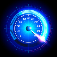 Vector Illustration Car Speedometer Dashboard Icon. Speed Meter Fast Race Technology Design Measurement Panel. Pushing To Limit With Cool Engery Glow Effects.