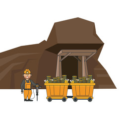 Mining cave and worker with wagon carts