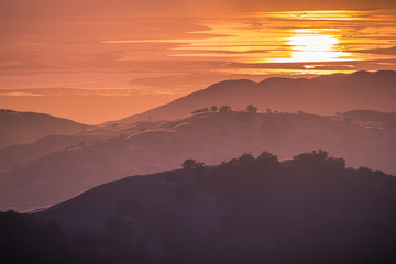 Wall Mural - Beautiful rolling hills bathed in the sunset light; the setting sun reflected in the water of the San Francisco Bay in the background; view from Mt Hamilton, San Jose