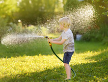 Funny Little Boy Playing With Garden Hose In Sunny Backyard. Preschooler Child Having Fun With Spray Of Water.