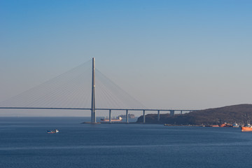 Marine landscape with views of the Russian bridge on the horizon.