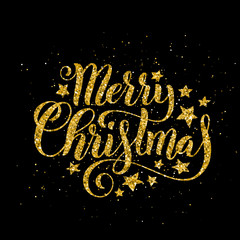 Gold Merry Christmas party handwritten lettering. Lettering design card template. Vector.