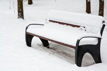 Park Bench Covered With Snow