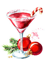 Red Christmas Martini With Lollipop Or Candy Cane And Xmas Balls With Fir Branch. Watercolor Hand Drawn Illustration, Isolated On White Background