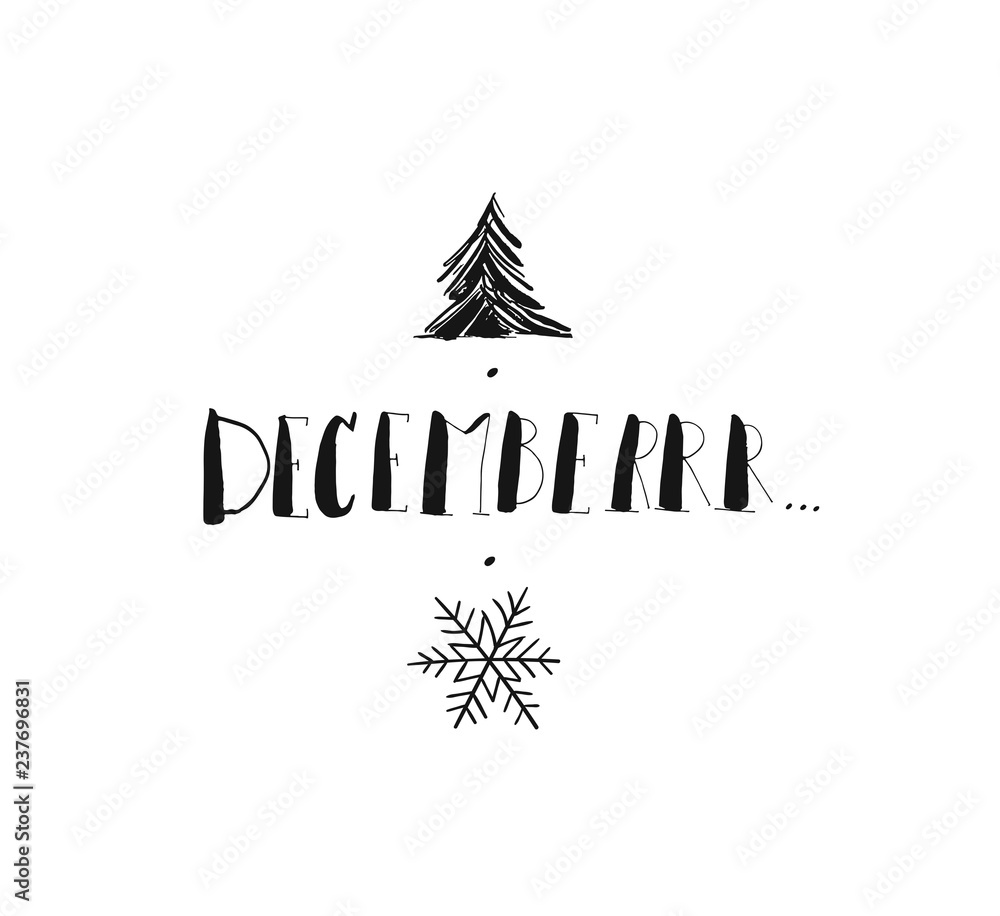 Hand drawn vector Merry Christmas and Happy New Year rough freehand graphic greeting design element with handwritten modern calligraphy phase December isolated on white background