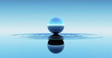 Blue Sphere In Water Abstract Background. 3D Illustration